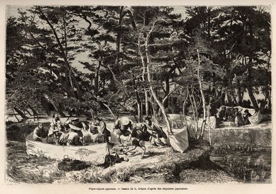 En borgerlig picnic (eller picnic) i forstæderne til Edo (det nuværende Tokyo), inde i et stofindhegning, deler gæster, normalt to familier, deres måltid og er ofte velegnet til lejligheden for musikere, dansere og pantomimer. Gravering til illustration af af Unknown artist