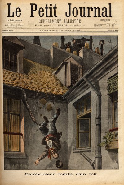 En indbrudstyv falder ned fra tagene på Notre Dame Street i Nazareth i sin nedbør for at flygte foran politibetjentene. Indgravering i "" Le petit journal"" 14/5/1899. Selva samling. af Unknown artist