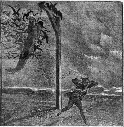 Et barn bliver skræmt ved synet af en hængt mand, der fortærer af krager - Illustration af "The Man Who Laughs" af Victor Hugo (1802-1885) - Indgravering i "" Le Journal Illustrée"" af Unknown artist