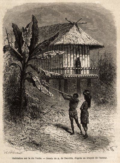 Et par indianere fra Rio Verde (Brasilien) manden med sin sarbacan, foran et typisk hus på pæle. Indgravering til illustration af rejsen til New Granada, af Dr. Saffray, i 1869, udgivet i "" Le tour du monde""" 1873, redigeret af Edouard Charton, e. af Unknown artist