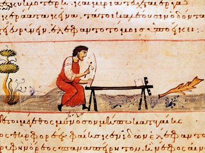 En håndværker, der arbejder med elfenben. Miniature fra jagtbranchen "" The Cynegetics "" af Oppian (Oppian eller Oppianus) fra Syrien (3. århundrede e.Kr.) dedikeret til Caracalla. Venedig fra det 11. århundrede. Biblioteca Marciana af Unknown artist