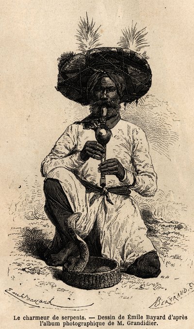 En fakir, slangetæmmer. Gravering til illustration af rejsen i Indiens meridionalprovinser, af Alfred Grandidier, i 1862-1864, udgivet i "" le tour du monde"", under ledelse af D