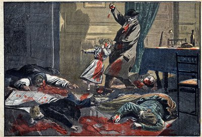 En familie myrdet: mord på Leblond-familien af Caillard, en forcene, i Nassandre, nær Bernay. Illustration i "" le Pelerin"" af 10. april af Unknown artist