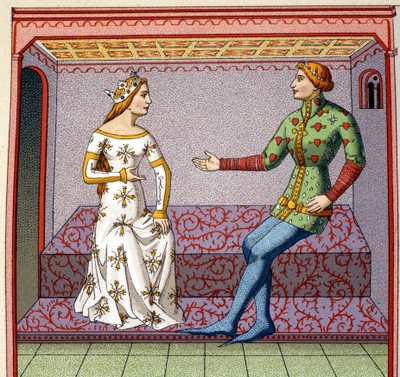 En galante scene i middelalderen: en ung mand bejler til en prinsesse. Faux college efter et manuskript. 19. århundrede. af Unknown artist