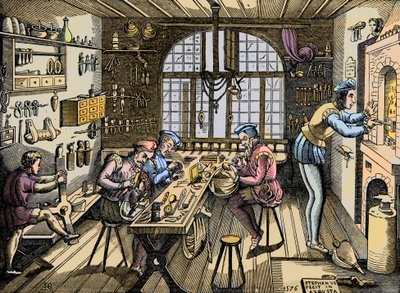 Et guldsmedeværksted - Håndværk: udsigt over værkstedet af Etienne Delaune (1518-1583), guldsmed, fransk bogtrykker. Gravering efter en original fra 1576. Værksted af Etienne Delaulne, en guldsmed i Paris af Unknown artist