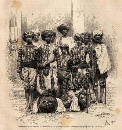 En gruppe muslimske mænd i Haiderabad, Pakistan. Gravering til illustration af rejsen i Indiens meridionalprovinser, af Alfred Grandidier, i 1862-1864, udgivet i "" le tour du monde"", under ledelse af D