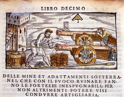 En skytte læsser en pistol med sprængstoffer. Indgravering fra metallurgimalkningen "" De la Pyrotechnia"" (eller Pirotechnia) af Vannoccio Biringuccio (1480-1539) 1550. af Unknown artist