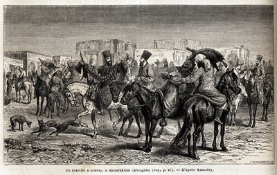 En hestetur i Shurakhan (Kirgisistan eller Kirgisistan). Tegning af Emile Bayard (1837-1891), for at illustrere rejsen til Centralasien, i 1863, af Arminius Vambery (ungarsk videnskabsmand forklædt i dervish). Indgravering i "" Le tour du monde"", redigere af Unknown artist