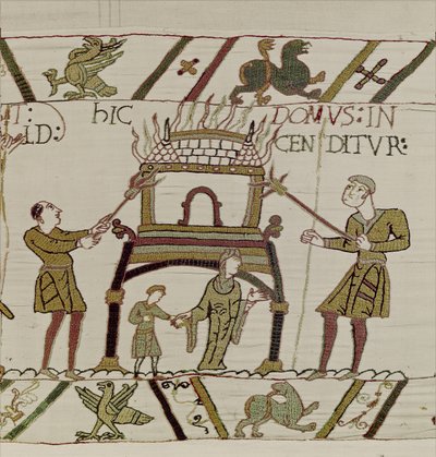 Et hus er brændt af normannerne, Bayeux Tapestry (uldbroderi på linned) af Unknown artist