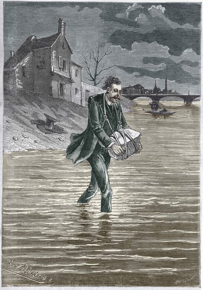 En mand, der dræber sig selv ved at kaste sig i vandet, en sten om halsen, for at drukne sig selv - gravering af Unknown artist