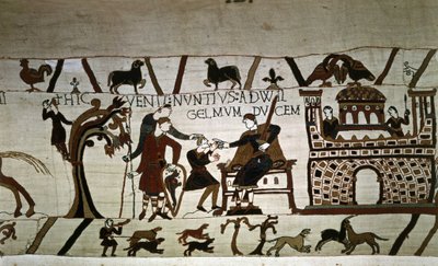 En budbringer til hertug Guillaume (1027 - 1087) - Bayeux-tapet, kendt som Broderi af Dronning Mathilde af Unknown artist