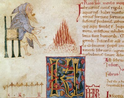 En munk varmer sine fødder foran et bål, februar måned. (miniature af Unknown artist