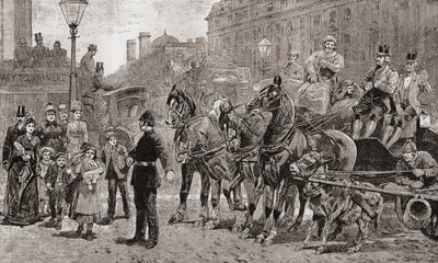 En politimand stopper trafikken i et travlt kryds for at give fodgængere mulighed for at krydse vejen, London, England af Unknown artist