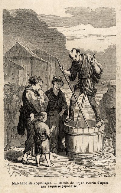 En skallehandler midt på gaden rejser sig i balance på tønden med hans varer, som han slæber med to lange spisepinde. Indgravering til illustration af rejsen til Japan i 1863-1864 af Aime Humbert, minister for Det Schweiziske Forbund, i "L af Unknown artist