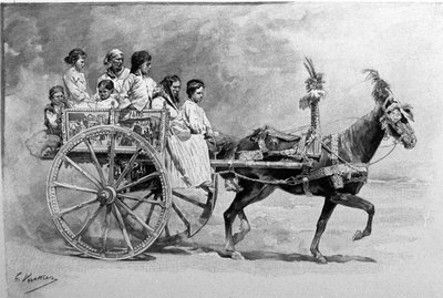 En traditionel siciliansk vogn. 1800-tals gravering af Unknown artist