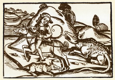 En rejsende møder to monstrøse tigre, der ligner en basilika. Esopes fabler (stik, slutningen af det 15. århundrede) af Unknown artist