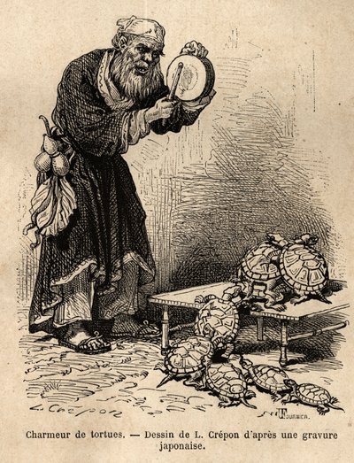 En skildpaddecharlataner, der tilhører den mellemliggende jamning mellem tiggere og fe-charlataner. Indgravering til illustration af rejsen til Japan af Aime Humbert, minister for Det Schweiziske Forbund, i 1863-1864, udgivet i "" le tour du monde"", under af Unknown artist