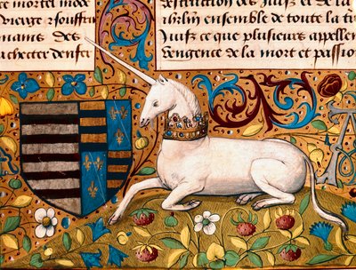 En enhjørning og et våbenskjold Detalje af en manuskriptside fra det 15. århundrede - Chantilly, musee Conde - Enhjørning og et våbenskjold - Detalje af en miniature fra et 15. manuskript - Conde Museum, Chantilly (Frankrig) af Unknown artist