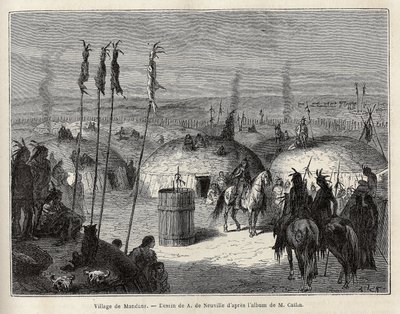 En landsby med mandans-indianere (eller noumah ka kie: fasaner) på venstre bred af Missouri, 600 ligaer fra byen Saint Louis. Gravering til illustration af en udflugt blandt indianerstammerne i bassinerne i Colombia og Upper Missouri, af G. Catlin, i 1. af Unknown artist