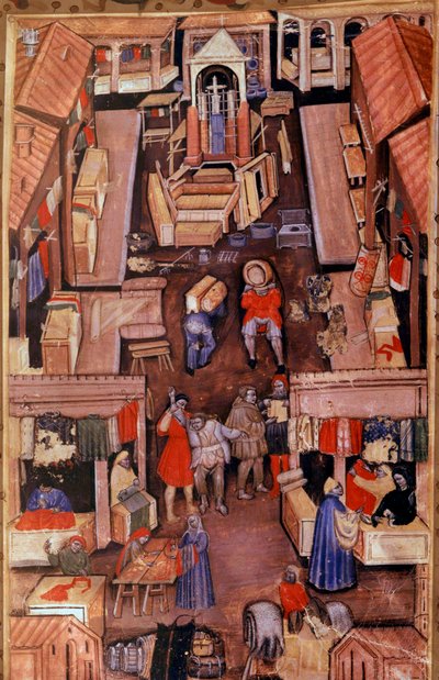 En gåtur: drapere, skræddere, tøjhandlere i en fransk by. Øverst, konstruktion af en miniaturekirke fra et 1400-tals manuskript Paris, B.N. af Unknown artist