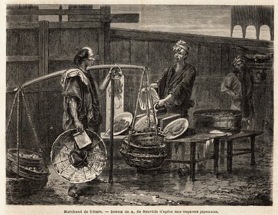 En gående stegekøbmand bærer sine donuts på kurve og rejser til markedet for at sælge frokost til de andre købmænd. Indgravering til illustration af rejsen til Japan i 1863-1864 af Aime Humbert, minister for Det Schweiziske Forbund, i "Le tour du mond af Unknown artist