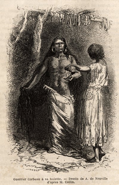En kriger fra Crow Indian-stammen (krager), der bor langs Lewis-floden, gør sit toilet. Gravering for at illustrere en udflugt blandt indianerstammerne i bassinerne i Colombia og Upper Missouri, af G. Catlin, i 1855, udgivet i "" le tour du monde"" af Unknown artist