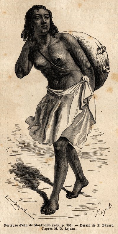 En vandbærer fra Monkoullo, en samharisk kvinde (Etiopien), iført en læderoverdel, der hænger i et langt palmefiberreb, som hun tømmer i en stor tank ler for at vande dyret. Engravure pour illustrrer le voyage en Abyssinie, en 1862 af Guillaume af Unknown artist