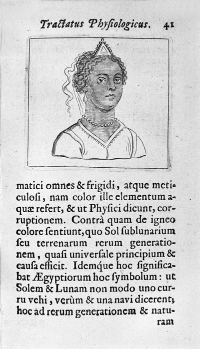 En kvinde har sort hud. Side taget fra "" Tractatus physiologicus de pulchritudine""" omhandler Ernesto Venio (Ernestus Vaenius), der forsvarer skabelsens skønhed mod en anonym modstander. 1612 af Unknown artist