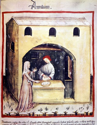 En ung kvinde køber æg af en forhandler. Belysning fra malkning af medicin og diætetik "" Tacuinum sanitatis"" af Unknown artist