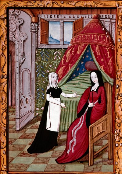 En ung kvinde sandsynligvis Louise Laval (død 1480) i sit soveværelse med sin miniaturetjener hentet fra "" Histoire de Jean III de Brush et de sa femme Louise de Laval""" (fr. 1475, fol. 10r) Chantilly, musee Conde af Unknown artist
