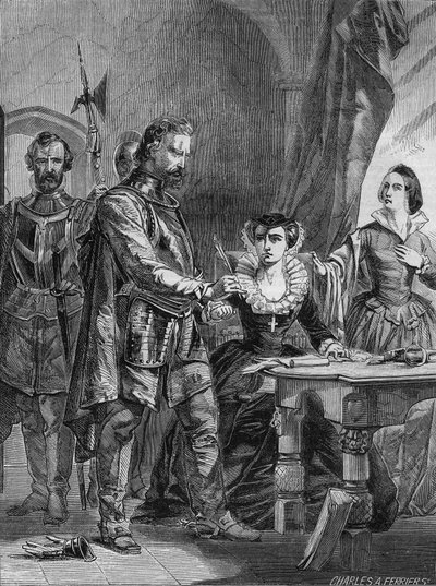 Abdikation af Mary I Stuart (1542-1587), dronning af Skotland og Frankrig (1559-1560). Stik fra 1861. af Unknown artist