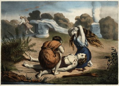 Abels død. Abel ofrede et af sine får til Gud. Gud foretrak dette offer frem for hans bror Kains frugtoffer. Denne, jaloux, myrder sin bror. Anonym stik fra midten af 1800-tallet. af Unknown artist