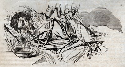 Ulykkesmedicin - på den mest effektive lindring at give de druknede mennesker - valnøddebleerne på siden og opkastning af vandet, han drak - indgravering i "La Sante Universelle - Guide Medical des Familles" 1852 af Unknown artist