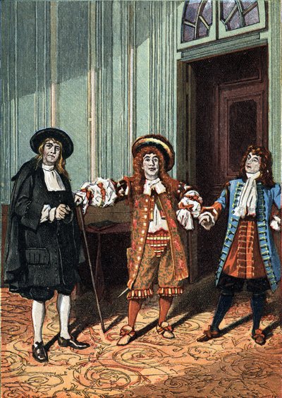 Anden akt af "Le Bourgeois Gentilhomme"" komedie-ballet i fem akter i prosa af Moliere. Mesterfilosoffen (Mr. Lenoir), dansens mester (Mr. Truffier), Mr. Jourdain (Mr. Coquelin yngre). Omkring 1890. af Unknown artist