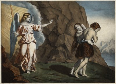 Adam og Eva jagede fra Paradiset. Anonym stik fra midten af 1800-tallet. af Unknown artist