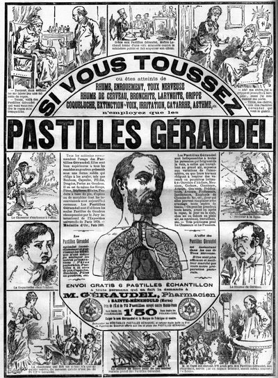 Reklame for Geraudel-tabletter af farmaceut Arthur Geraudel (1841-1906) en Sainte-Menehould (Sainte Menehould) mod hoste. Gravering i "" Le monde illustrious"" af Unknown artist