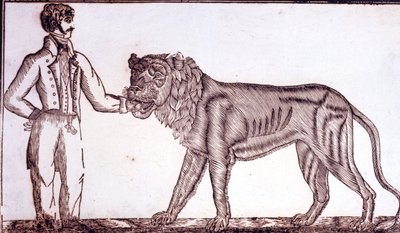 Reklame for cirkus i 1800, der viser en tæmmer, der stikker hånden i munden på en løve. af Unknown artist