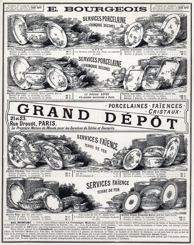 Annonce fra 1889 for "" La Ceramic Moderne af Le Grand Depot De Porcelaines, Faiences Et Verreries Bourgeois i Paris"" af Unknown artist