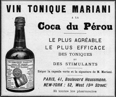 Reklame fra 1889 for "" Wine tonic Mariani a la coca du perou"" (kokain) af Unknown artist