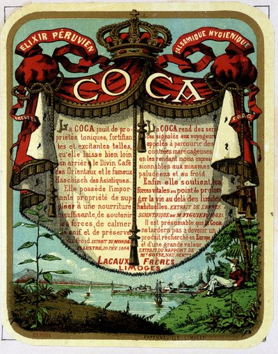Reklame for Coca (produkt udvundet af kokain): "" The Peruvian Balsamic Hygienic Exilir COCA"", kromolitografi fra det 19. århundrede. af Unknown artist