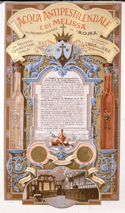 Reklame for duftende vand: vand mod citronmelissepest. kromolitografi fra 1895 af Unknown artist