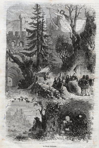 Æolisk harpe - blæseharpe - Arpa eolia - Blæseharpe - musikinstrument spillet af vinden - gravering fra 1860 af Unknown artist