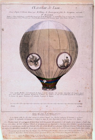 Aerostat de Lyon bygget efter en model af Montgolfiere-brødrene (Joseph og Etienne), omkring 1783. Indgravering af det 19. århundrede. Paris, B.N. af Unknown artist