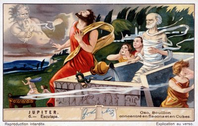 Aesculapus dør, sprængt af Jupiter for at genoplive de døde - Oxo-kromolitografi, produceret Liebig af Unknown artist