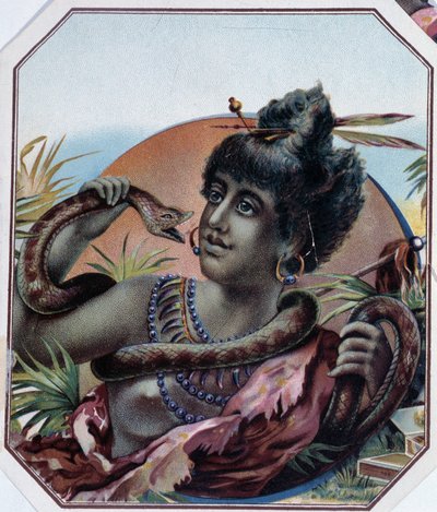 Afrikansk sort kvinde og slange - Cigarkasselabel, slutningen af det 19. århundrede af Unknown artist