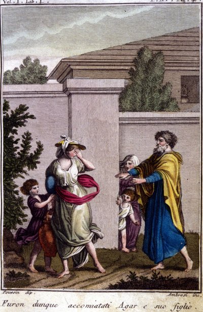 Agar og Ismael blev drevet ud af Abraham: Agar, som blev afskediget, gik med sin søn, Isamel, efter Isaks fødsel. Stik fra begyndelsen af 1800-tallet. af Unknown artist