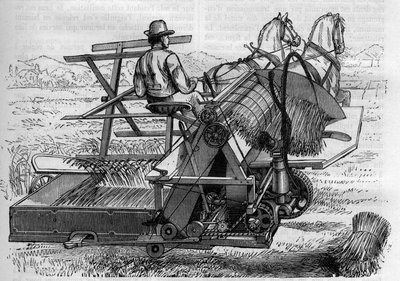 Landbrug og landbrugsmaskiner: en ny mejetærsker trukket af heste, der automatisk binder bunkerne af bles på markerne. Indgravering i ""La Nature"" af Unknown artist