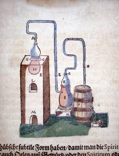 Alkymi: Apparat til destillation, taget fra en bog af Pietro Andrea Mattioli (Matthiole) (1500-1577). Frankfurt af Unknown artist