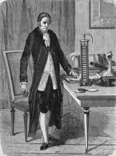Alexander (Alessandro) Volta byggede i december 1799 den elektriske motor (eller batteriet). I "Album of Science"", Editions Jouvet af Unknown artist