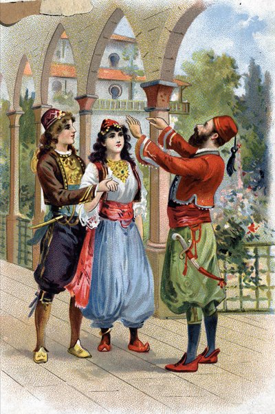 Ali Baba. (Ali-Baba) (Tales of the Thousand and One Nights): For at belønne Morgiane giver Ali Baba hende i ægteskab med sin søn. Kromolitografi af det 19. århundrede af Unknown artist